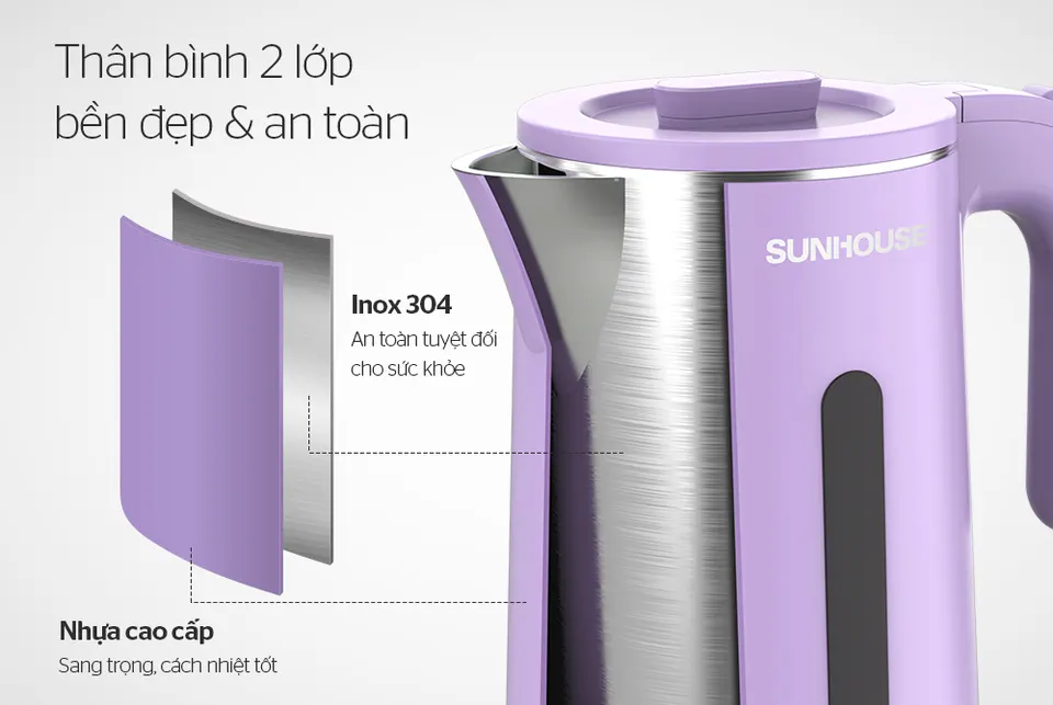 Ấm siêu tốc inox 2 lớp 1.8l SUNHOUSE SHD1368KB