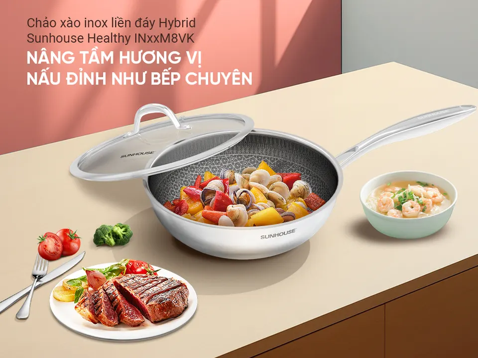 Chảo xào inox đáy liền HYBRID SUNHOUSE HEALTHY IN26M8VK