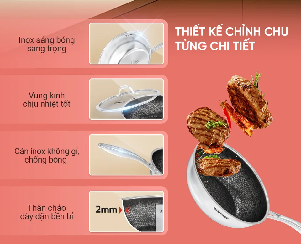 Chảo xào inox đáy liền HYBRID SUNHOUSE HEALTHY IN26M8VK 8