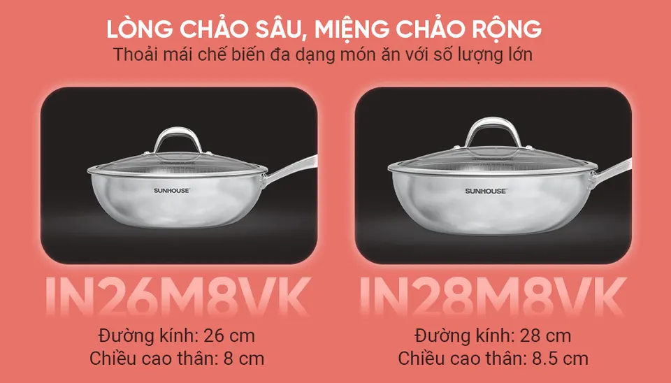 Chảo xào inox đáy liền HYBRID SUNHOUSE HEALTHY IN26M8VK