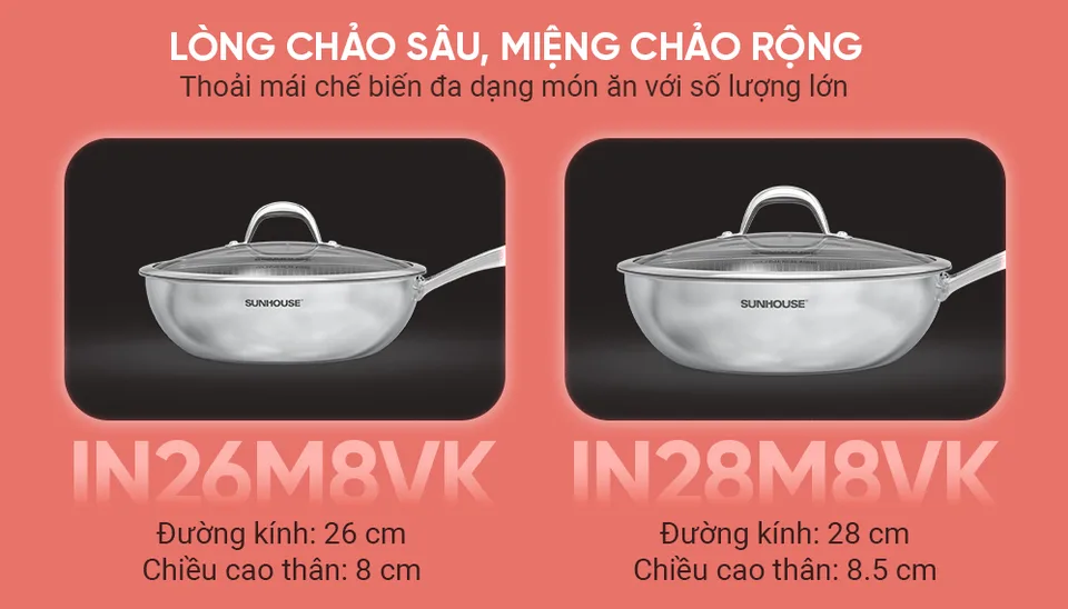 Chảo xào inox đáy liền HYBRID SUNHOUSE HEALTHY IN26M8VK 9