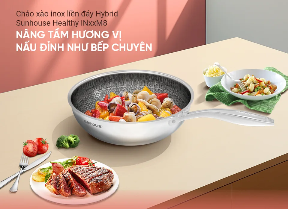 Chảo xào inox liền đáy Hybrid SUNHOUSE Healthy IN26M8 12