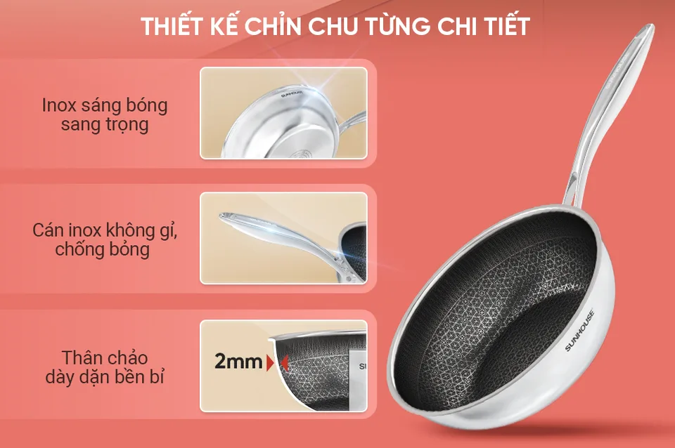 Chảo xào inox liền đáy Hybrid SUNHOUSE Healthy IN26M8 13