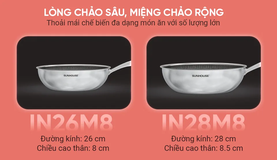 Chảo xào inox liền đáy Hybrid SUNHOUSE Healthy IN26M8 14