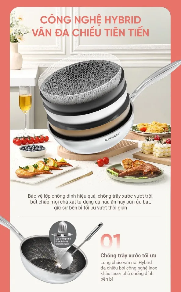 Chảo xào inox liền đáy Hybrid SUNHOUSE Healthy IN26M8 7