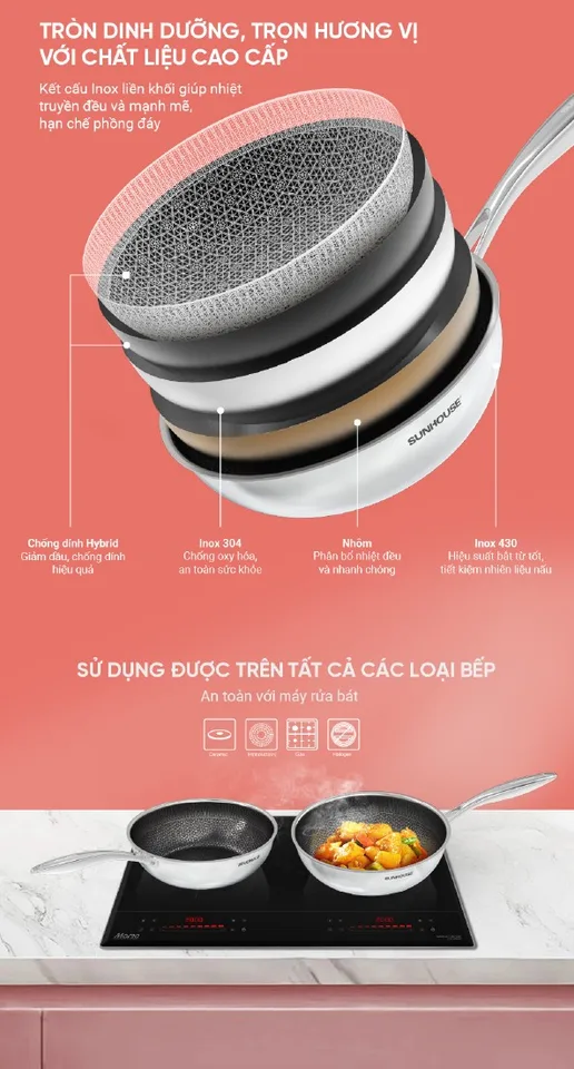 Chảo xào inox liền đáy Hybrid SUNHOUSE Healthy IN26M8 10
