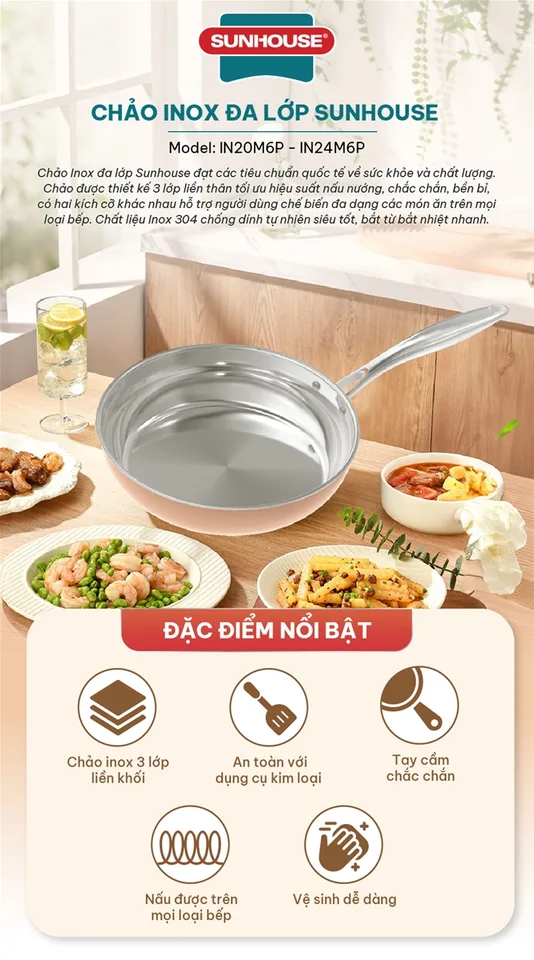 Chảo inox đa lớp SUNHOUSE IN20M6P 7