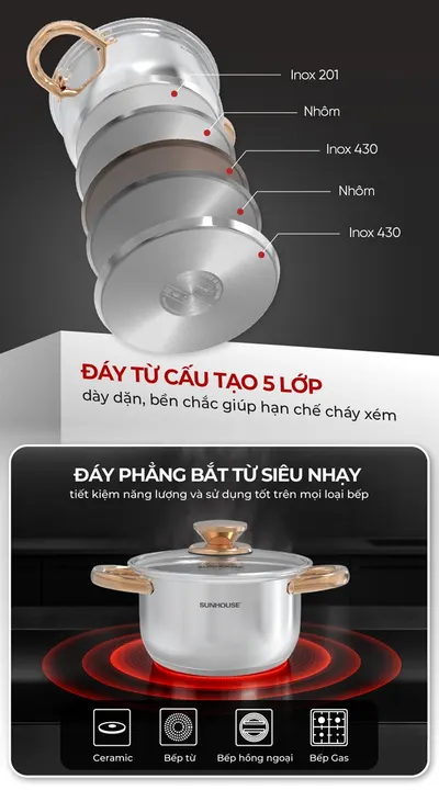 Bộ nôi inox impact healthy SUNHOUSE SHG788E