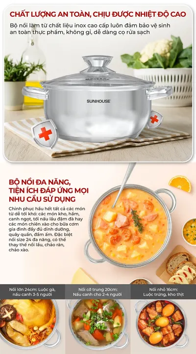 Bộ nồi inox 3 đáy ECO SUNHOUSE SHG334E
