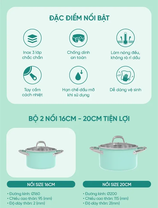Bộ nồi inox 304 liền đáy SUNHOUSE MAMA SHG702