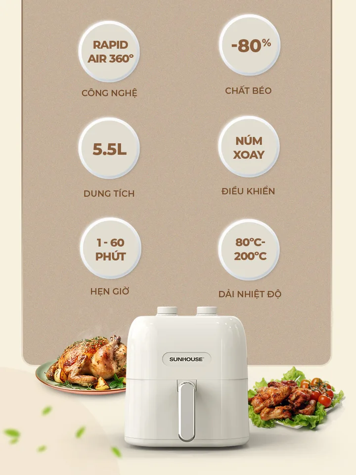 Nồi chiên không dầu 5.5L SUNHOUSE SHD4022 10