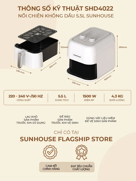 Nồi chiên không dầu 5.5L SUNHOUSE SHD4022