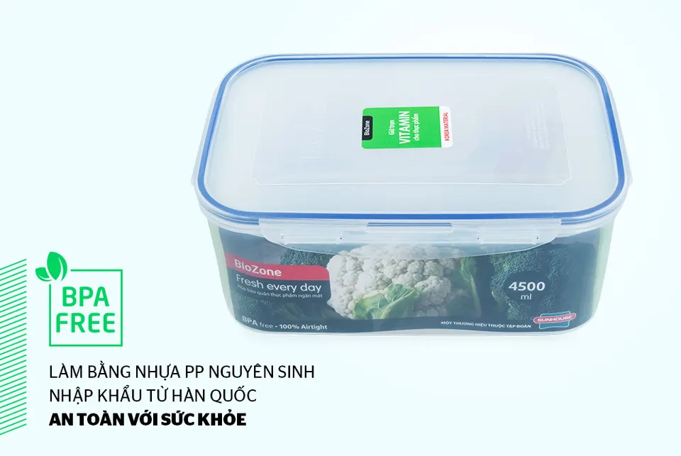 Hộp bảo quản thực phẩm ngăn mát 4500ml SUNHOUSE BioZone KB-CO4500P