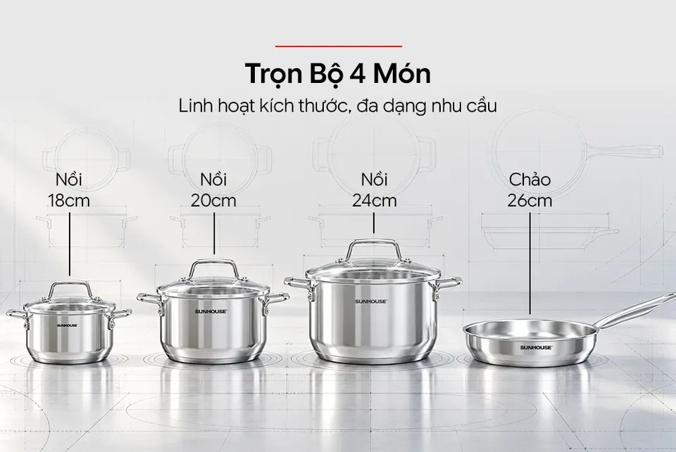 Bộ nồi chảo Inox 3 đáy SUNHOUSE Eco SHG786NK