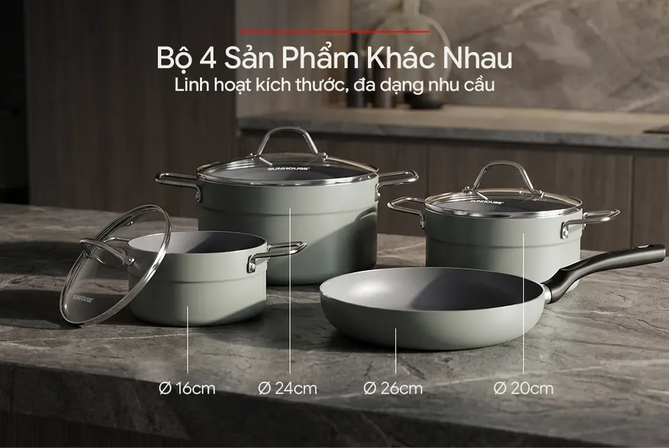 Bộ nồi chảo chống dính đáy từ Sunhouse Eco SHG7979X4