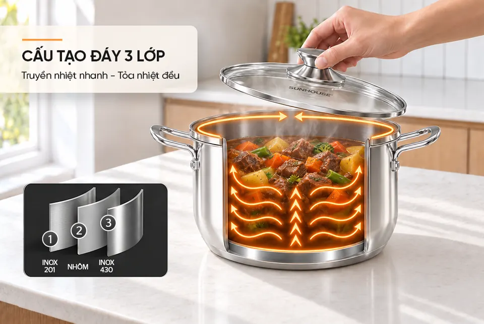 Nồi inox 3 đáy Sunhouse SHG308-18DA