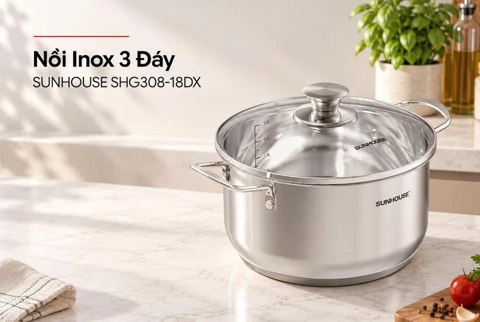 NỒI INOX 3 ĐÁY SUNHOUSE SHG308-18DX