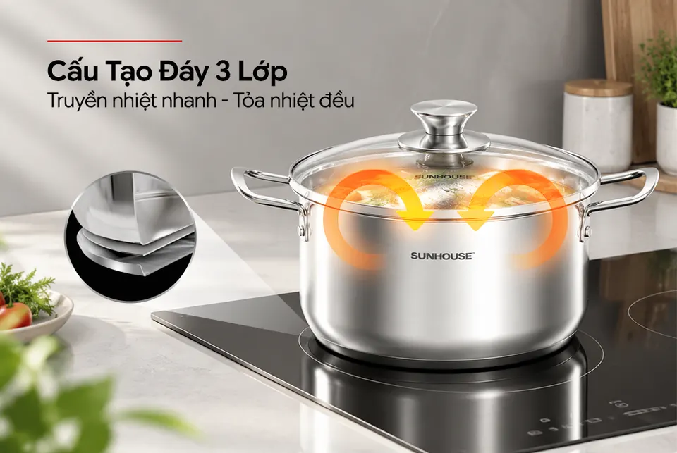 NỒI INOX 3 ĐÁY SUNHOUSE SHG308-18DX