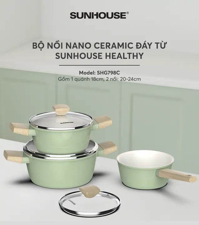 Bộ nồi Nano Ceramic đáy từ SUNHOUSE Healthy SHG798C