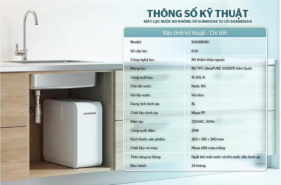Máy lọc nước RO để gầm SUNHOUSE 8 lõi SHA8868U