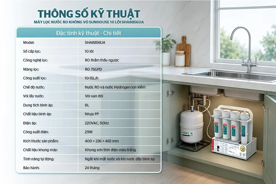 Máy lọc nước RO không vỏ SUNHOUSE 10 lõi SHA8856UA