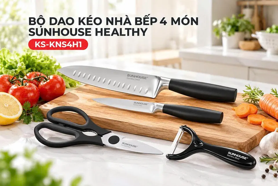 BỘ DAO KÉO NHÀ BẾP 4 MÓN SUNHOUSE HEALTHY KS-KNS4H1