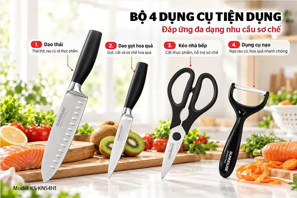 BỘ DAO KÉO NHÀ BẾP 4 MÓN SUNHOUSE HEALTHY KS-KNS4H1