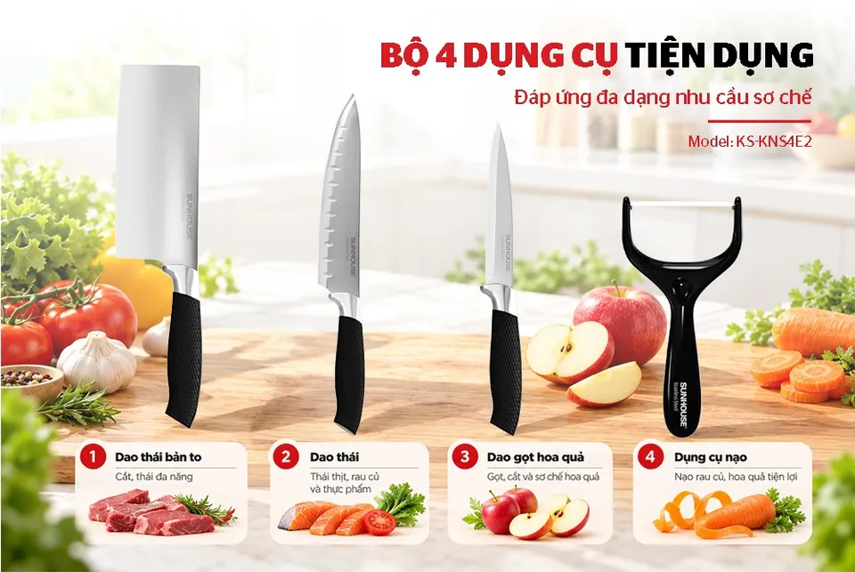BỘ DAO NHÀ BẾP 4 MÓN SUNHOUSE ECO KS-KNS4E2