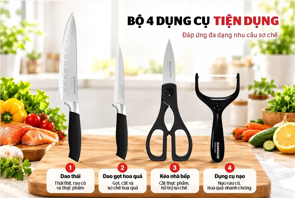 BỘ DAO KÉO NHÀ BẾP 4 MÓN SUNHOUSE ECO KS-KNS4E1
