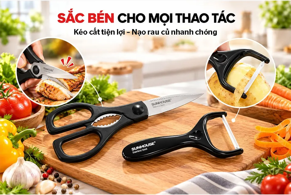 BỘ DAO KÉO NHÀ BẾP 4 MÓN SUNHOUSE ECO KS-KNS4E1