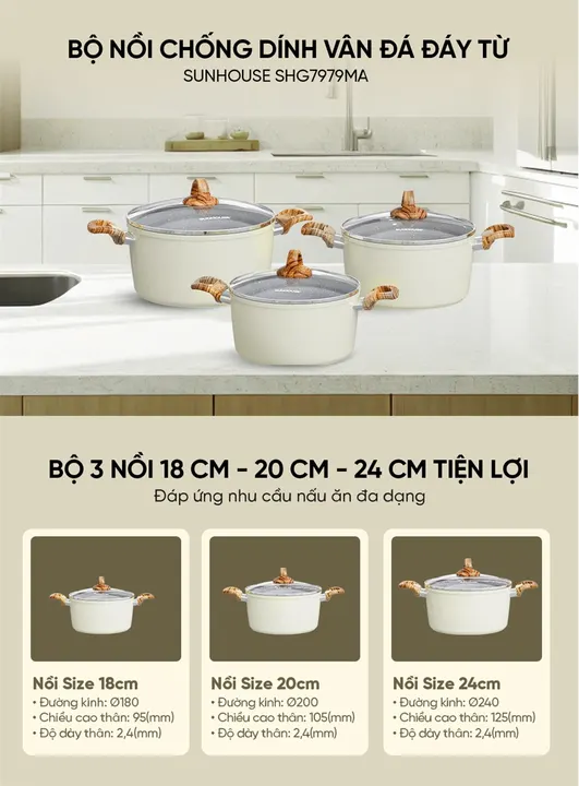 Bộ nồi chống dính vân đá đáy từ SUNHOUSE SHG7979MA