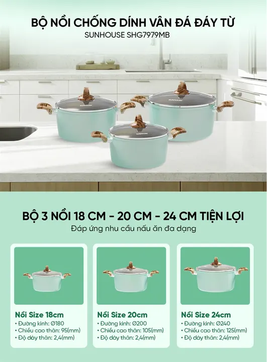Bộ nồi chống dính vân đá đáy từ SUNHOUSE SHG7979MB