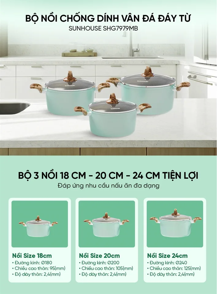 Bộ nồi chống dính vân đá đáy từ SUNHOUSE SHG7979MB 5