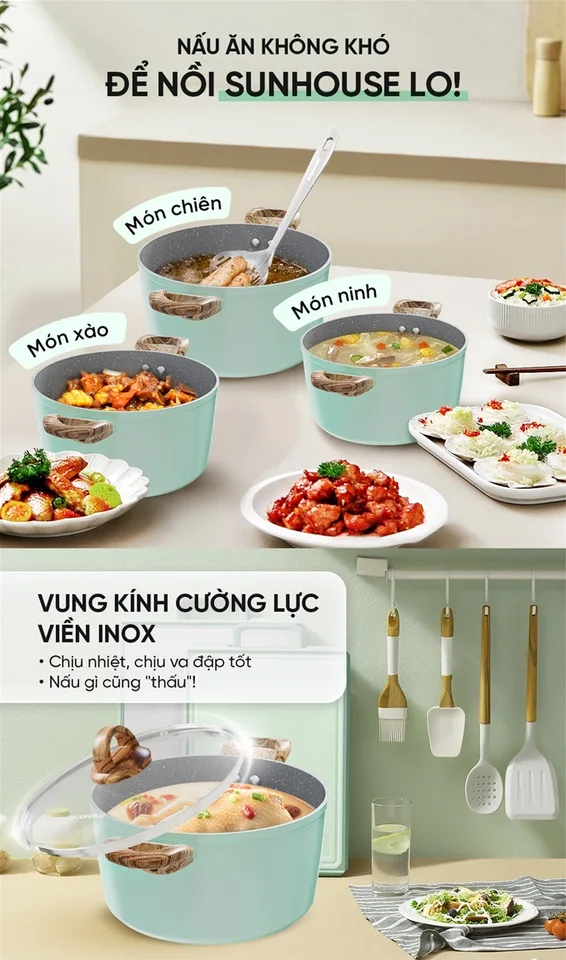 Bộ nồi chống dính vân đá đáy từ SUNHOUSE SHG7979MB 7