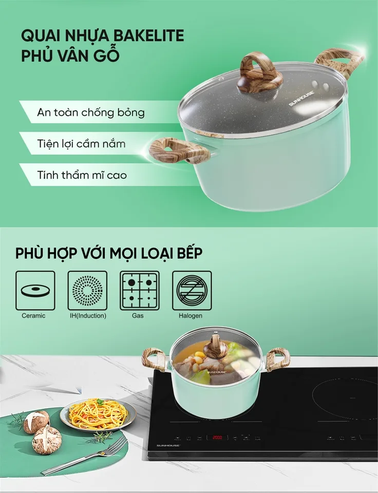 Bộ nồi chống dính vân đá đáy từ SUNHOUSE SHG7979MB 8