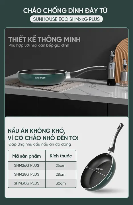 Chảo chống dính đáy từ SUNHOUSE ECO SHM26G plus