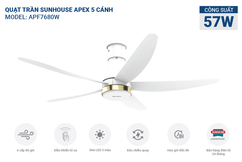 Mẫu quạt trần SUNHOUSE APF7680W là lựa chọn lý tưởng cho không gian sống hiện đại