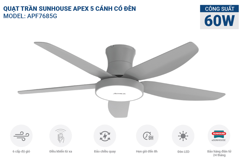 Quạt trần SUNHOUSE APEX APF7685G được thiết kế ốp sát trần