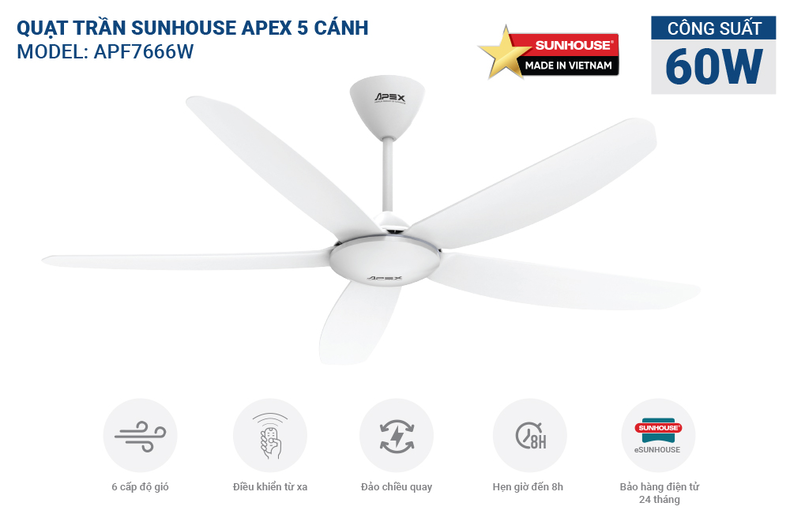 Quạt trần 5 cánh SUNHOUSE APEX APF7666W.