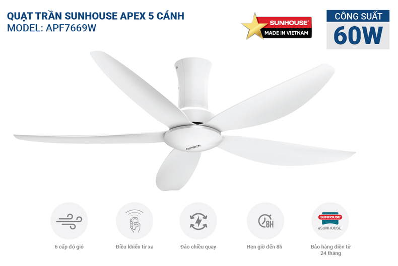Quạt trần 5 cánh SUNHOUSE APEX APF7669W.