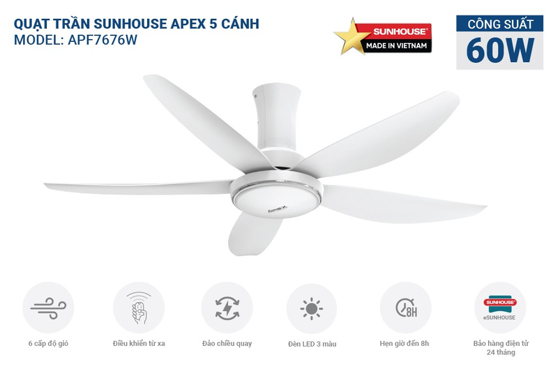 Quạt trần 5 cánh có đèn SUNHOUSE APEX APF7676W