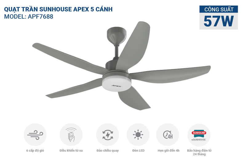 Quạt trần SUNHOUSE APEX APF7682B hiện đại và thẩm mỹ