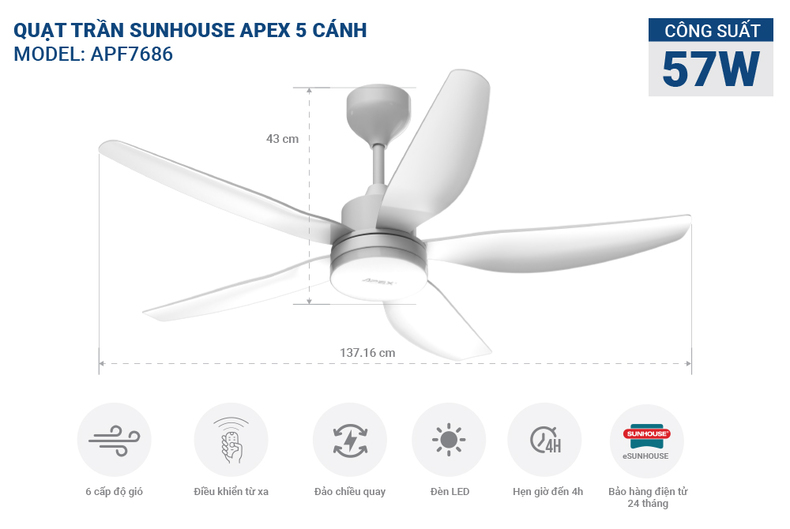 Quạt trần SUNHOUSE APEX APF7686