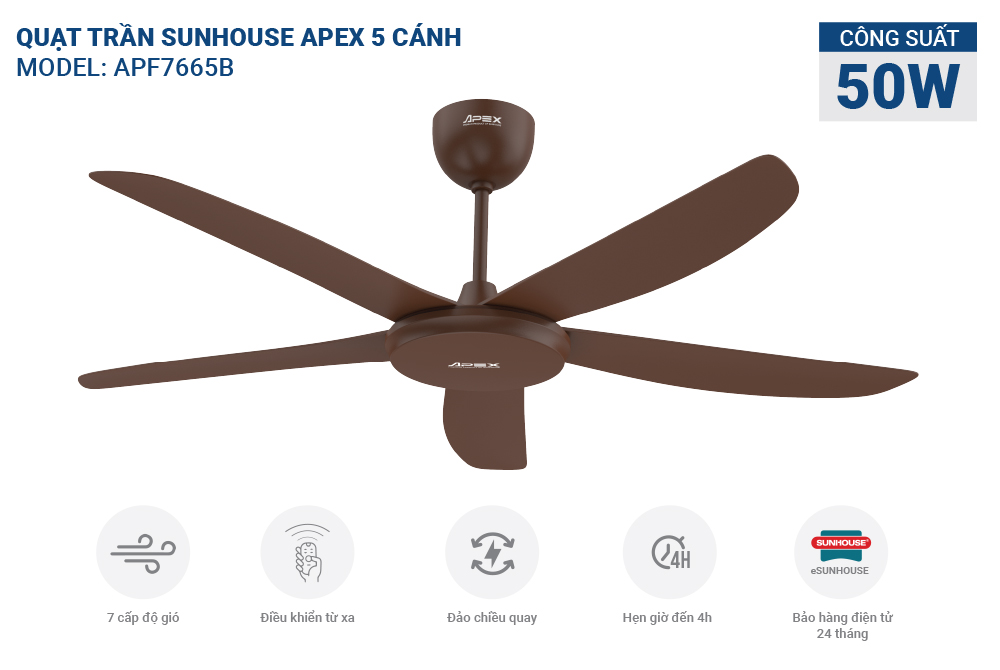 Quạt trần 5 cánh SUNHOUSE APEX APF7665B