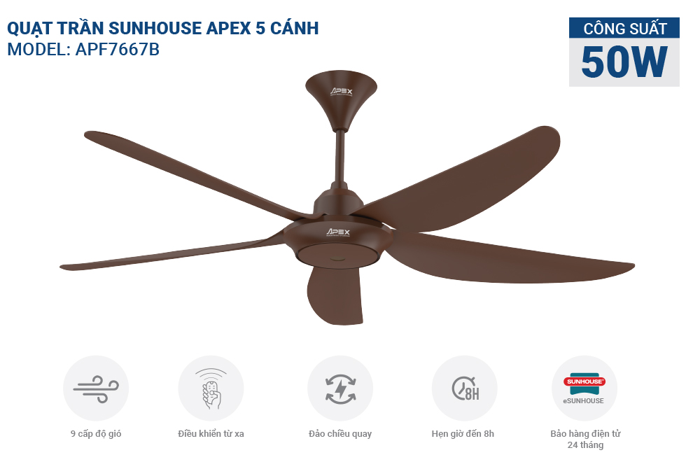 Quạt trần 5 cánh SUNHOUSE APEX APF7667B