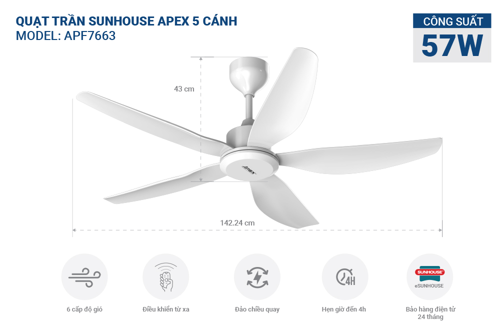 Quạt trần 5 cánh SUNHOUSE APEX APF7663