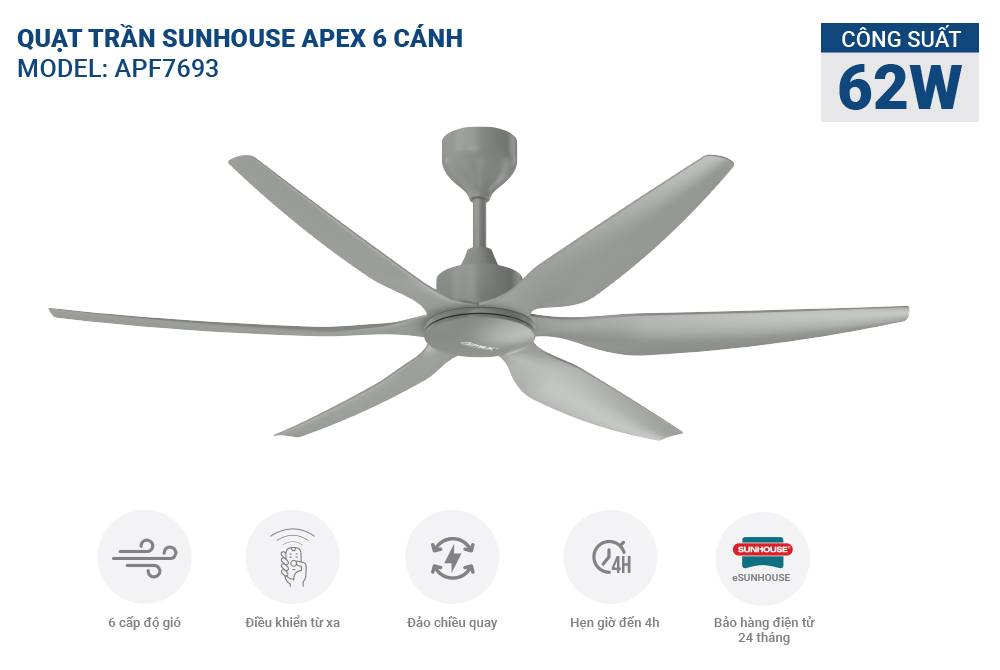 Quạt trần 6 cánh SUNHOUSE APEX APF7693