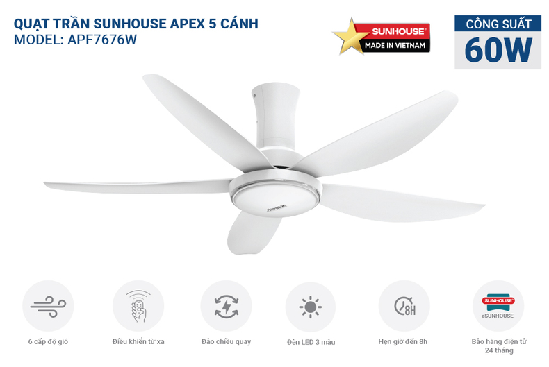 Quạt trần SUNHOUSE APF7676W vận hành êm ái
