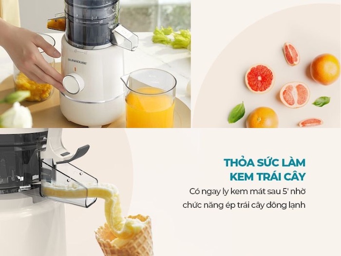 Chức năng ép trái cây đông lạnh giúp bạn tạo ra một ly kem mát lạnh, mịn màng, giữ trọn hương vị tự nhiên chỉ sau 5 phút