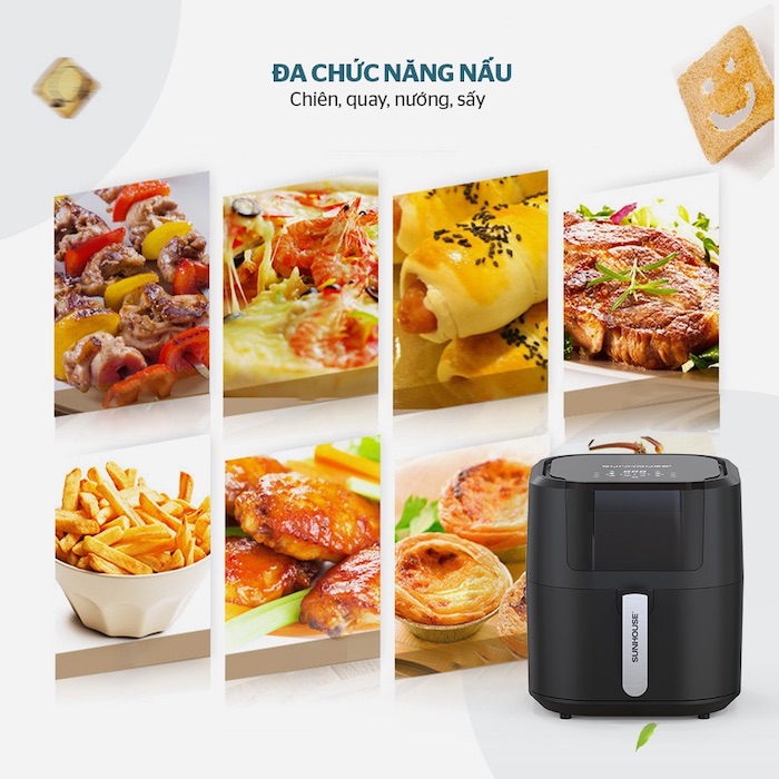 Nồi chiên không dầu điện tử được cài đặt sẵn nhiều chức năng nấu nướng, giúp người dùng chế biến được nhiều món ăn khác nhau